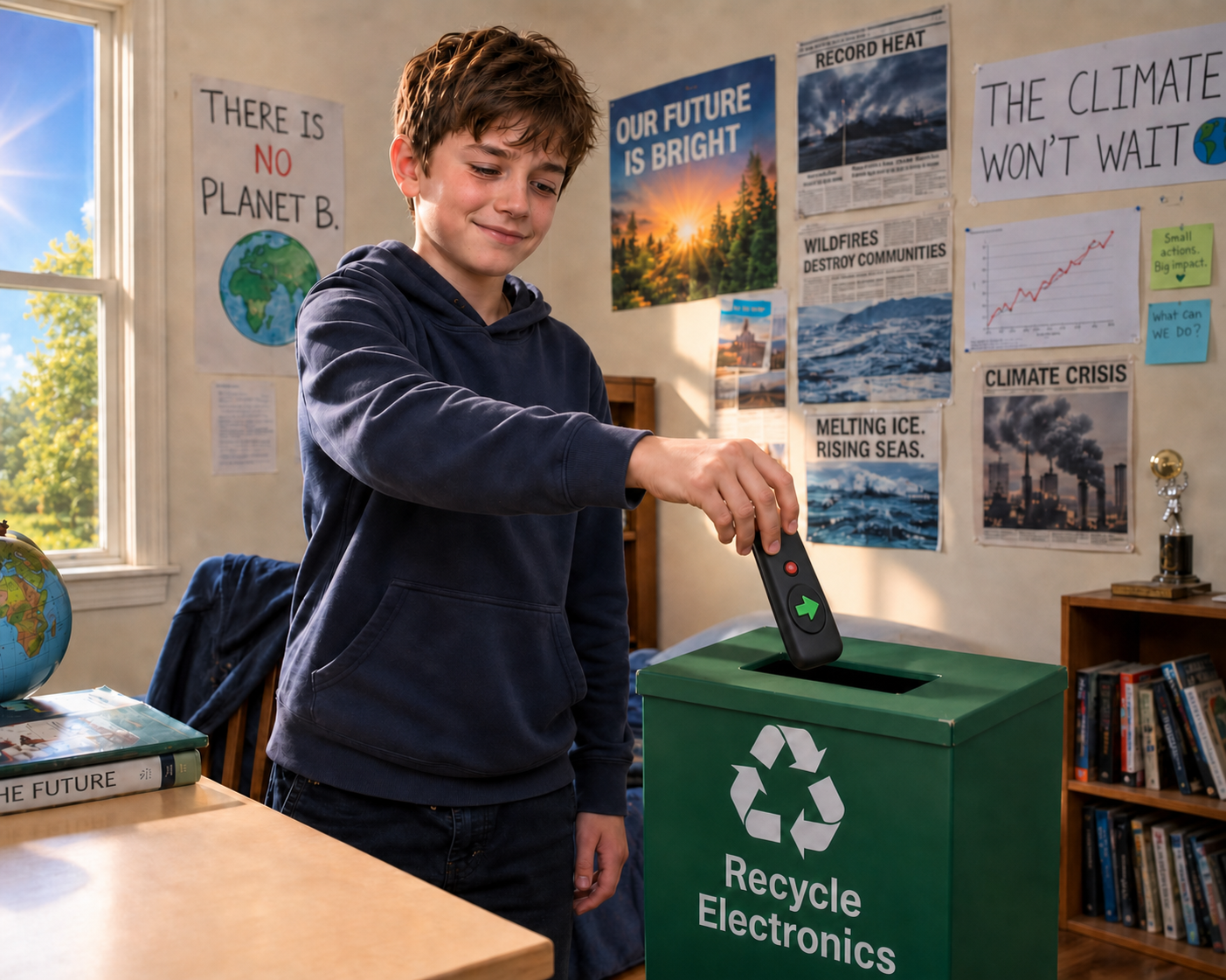 Alex putting a presentation clicker into an electronics recycling bin